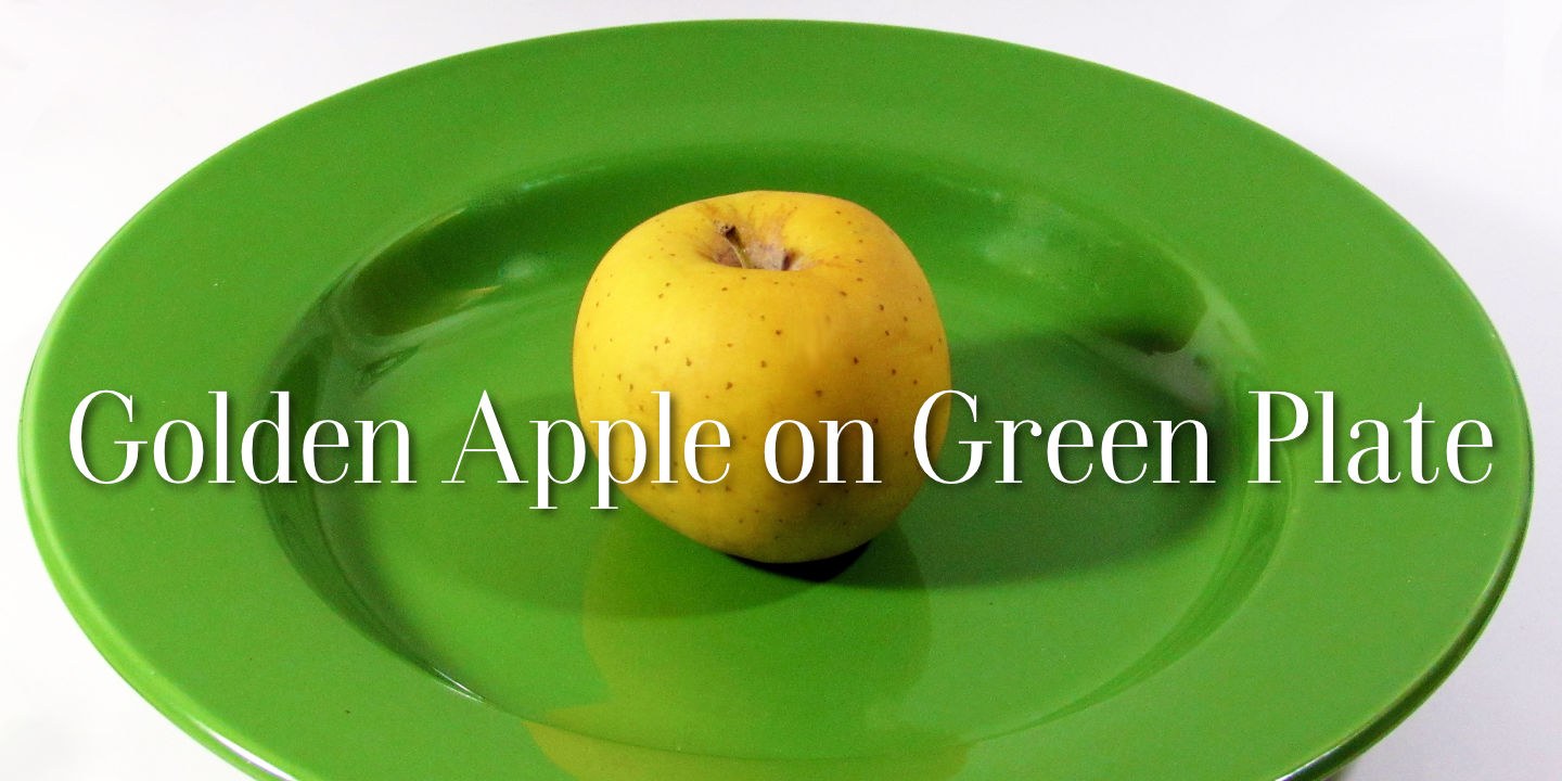 Click image to enlarge and for more information. Golden Apple on Green Plate